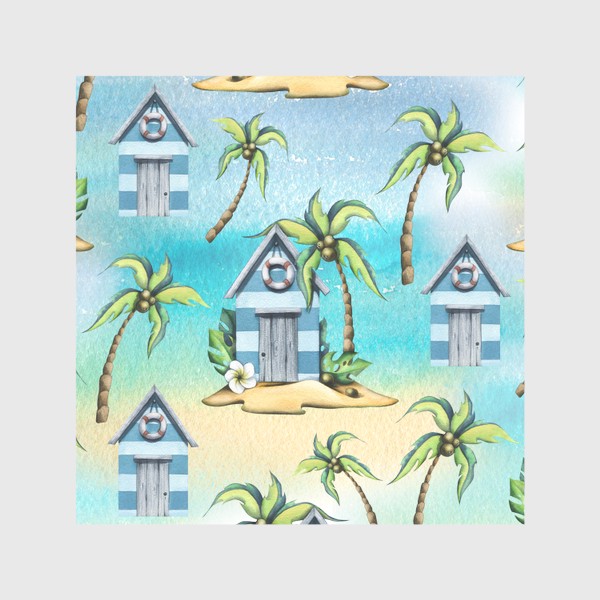 Скатерть &laquo;Пляжные морские домики с пальмами. Акварельный паттерн.&raquo;