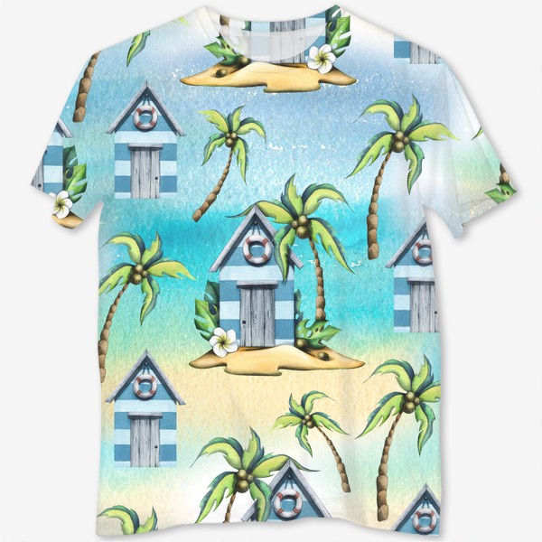 Футболка с полной запечаткой «Пляжные морские домики с пальмами. Акварельный паттерн.»