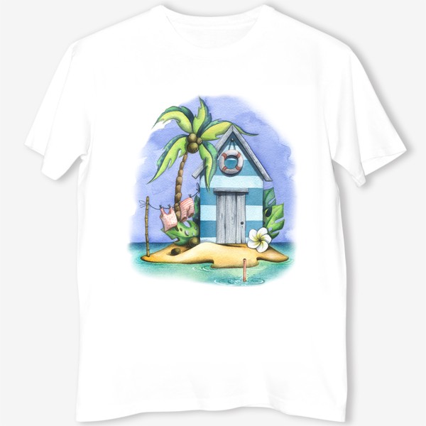 Футболка &laquo;Морской, пляжный домик с пальмами. Акварель.&raquo;