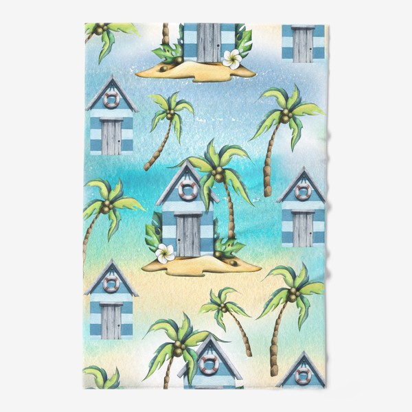 Полотенце «Пляжные морские домики с пальмами. Акварельный паттерн.»