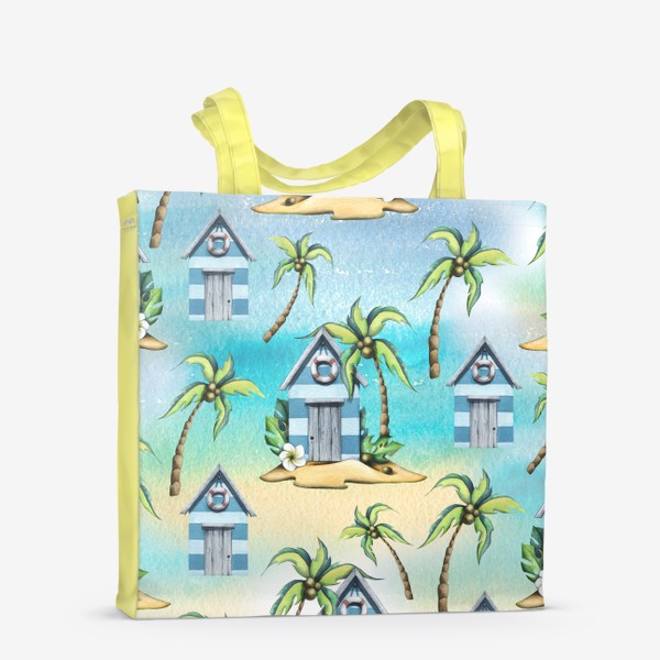 Сумка-шоппер &laquo;Пляжные морские домики с пальмами. Акварельный паттерн.&raquo;