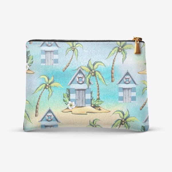 Косметичка «Пляжные морские домики с пальмами. Акварельный паттерн.»
