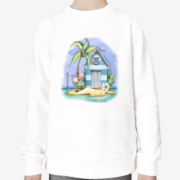 Свитшот &laquo;Морской, пляжный домик с пальмами. Акварель.&raquo;
