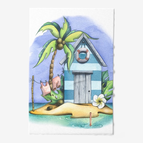 Полотенце &laquo;Морской, пляжный домик с пальмами. Акварель.&raquo;