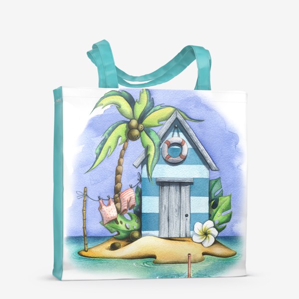 Сумка-шоппер &laquo;Морской, пляжный домик с пальмами. Акварель.&raquo;