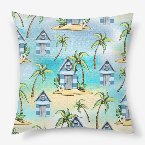 Подушка &laquo;Пляжные морские домики с пальмами. Акварельный паттерн.&raquo;