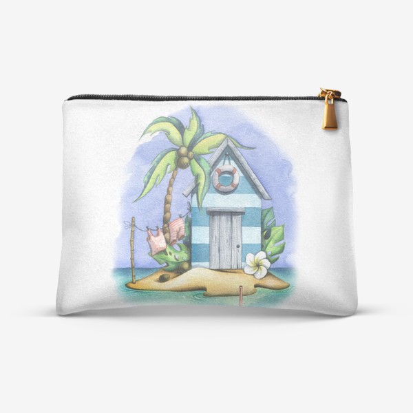 Косметичка «Морской, пляжный домик с пальмами. Акварель.»
