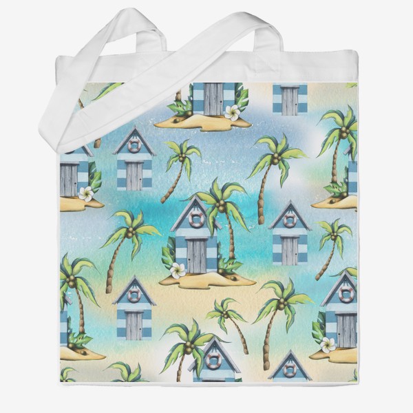 Сумка хб &laquo;Пляжные морские домики с пальмами. Акварельный паттерн.&raquo;