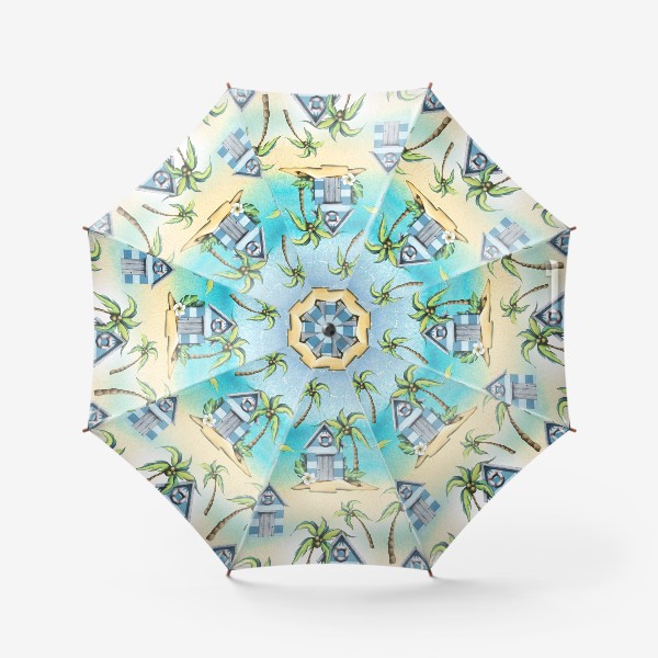 Зонт «Пляжные морские домики с пальмами. Акварельный паттерн.»