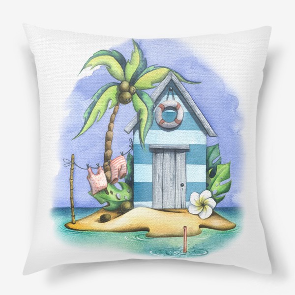 Подушка &laquo;Морской, пляжный домик с пальмами. Акварель.&raquo;