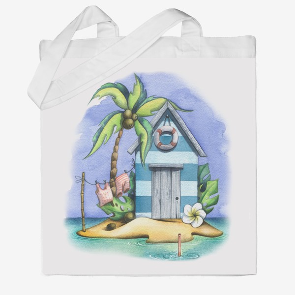 Сумка хб &laquo;Морской, пляжный домик с пальмами. Акварель.&raquo;