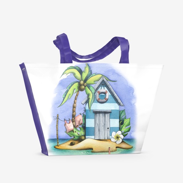 Пляжная сумка &laquo;Морской, пляжный домик с пальмами. Акварель.&raquo;