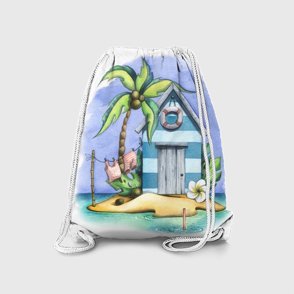Рюкзак &laquo;Морской, пляжный домик с пальмами. Акварель.&raquo;