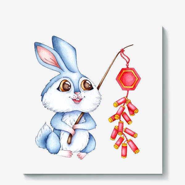Холст «Кролик с китайскими хлопушками  / Милый зайчик »