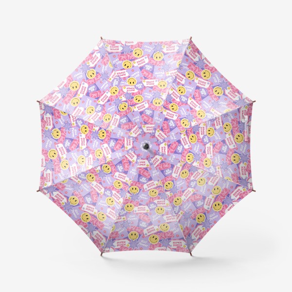 Зонт «Яркий паттерн в стиле 2000-х со смайлами, стикерами и надписями»