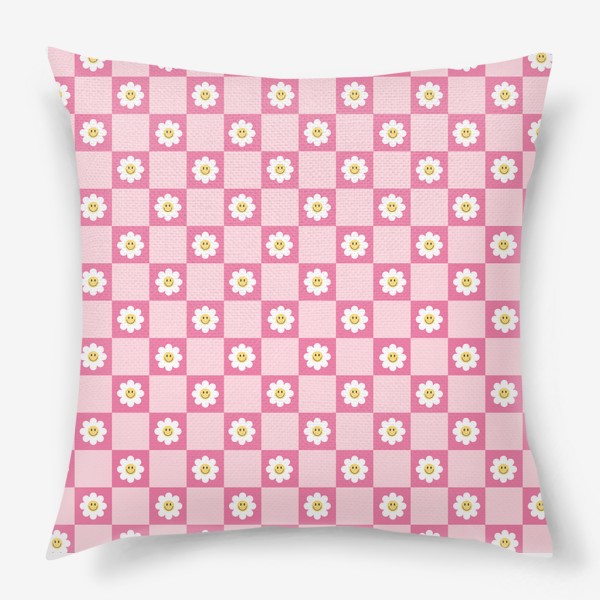 Подушка «Яркий паттерн в стиле 2000-х с цветами и розовой клеткой»