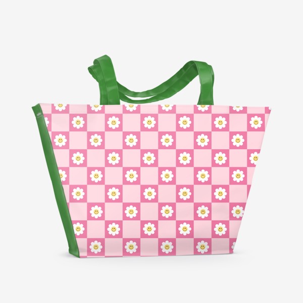 Пляжная сумка «Яркий паттерн в стиле 2000-х с цветами и розовой клеткой»