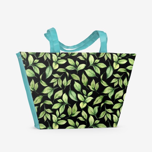 Пляжная сумка «Зеленые листья на черном фоне»