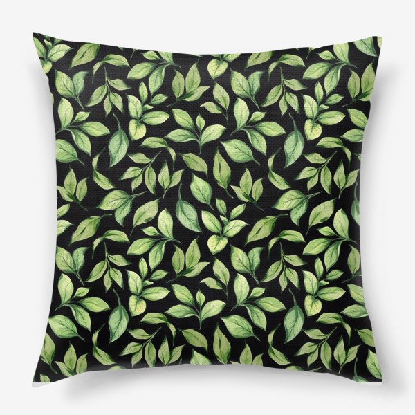 Подушка «Зеленые листья на черном фоне»