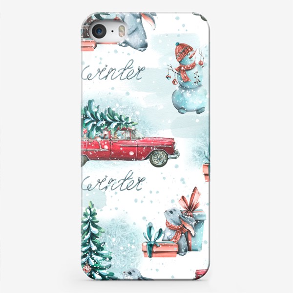 Чехол iPhone «Красная машинка с елкой. Зимний лес, снеговики, зайки, подарки. Новогодний паттерн акварельный. »