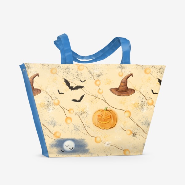 Пляжная сумка «Бесшовный паттерн хеллуин. Тыквы, шляпы и летучие мыши»