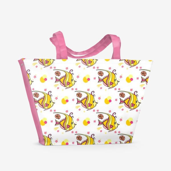 Пляжная сумка «Паттерн милые тропические рыбки со звездочками и ракушками»