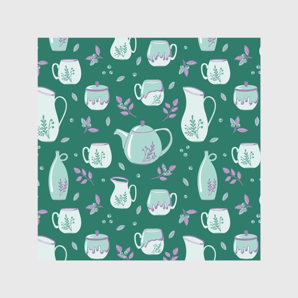 Шторы «Паттерн с керамической посудой на зеленом фоне»