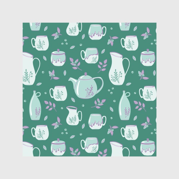 Скатерть «Паттерн с керамической посудой на зеленом фоне»