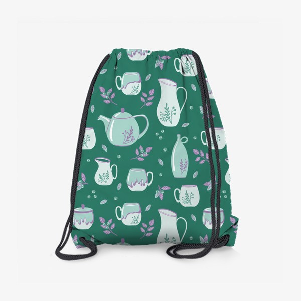 Рюкзак «Паттерн с керамической посудой на зеленом фоне»