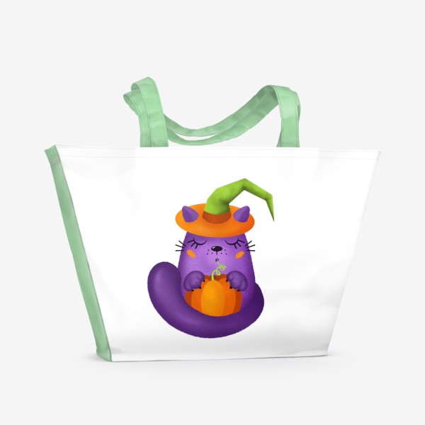 Пляжная сумка «Кот в колодочкой шляпе с тыквой на Хеллоуин »