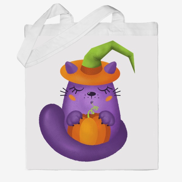 Сумка хб «Кот в колодочкой шляпе с тыквой на Хеллоуин »