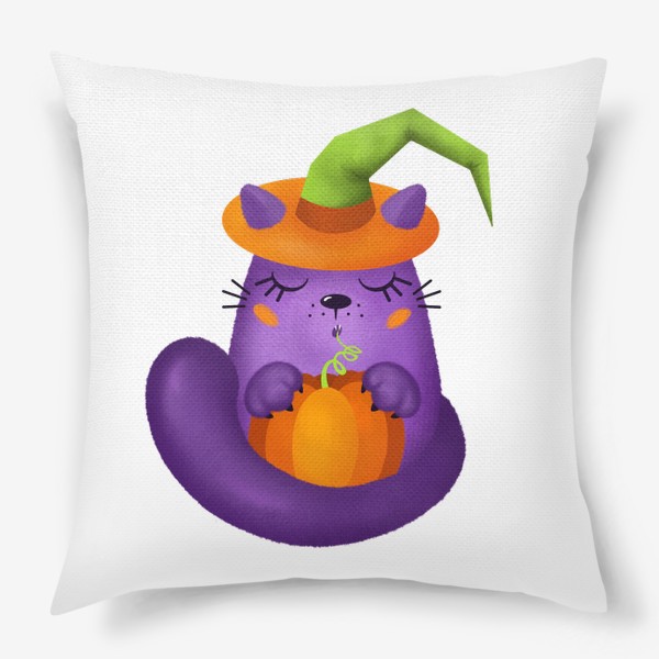 Подушка «Кот в колодочкой шляпе с тыквой на Хеллоуин »