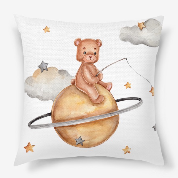 Подушка «Мишка на Сатурне со звездами и облаками»