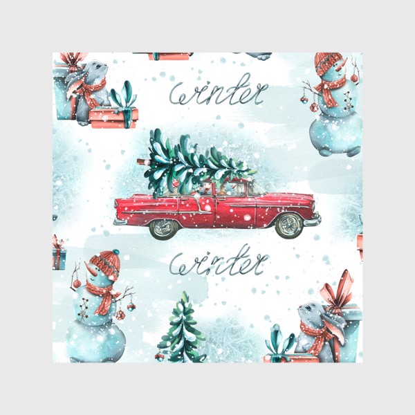 Шторы &laquo;Красная машинка с елкой. Зимний лес, снеговики, зайки, подарки. Новогодний паттерн акварельный. &raquo;
