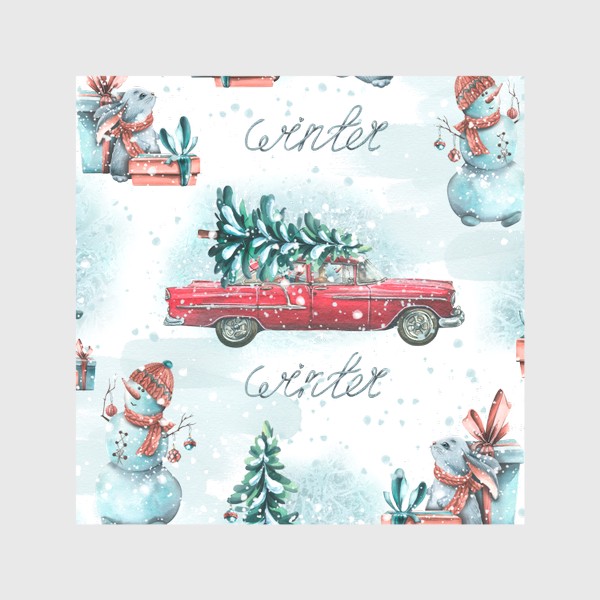 Скатерть &laquo;Красная машинка с елкой. Зимний лес, снеговики, зайки, подарки. Новогодний паттерн акварельный. &raquo;