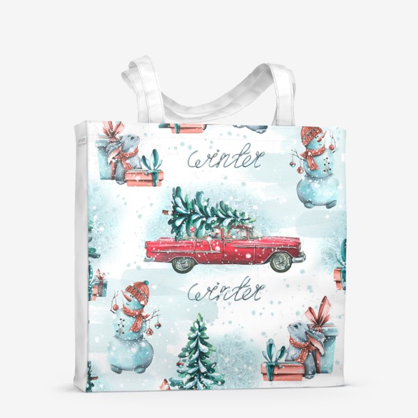 Сумка-шоппер &laquo;Красная машинка с елкой. Зимний лес, снеговики, зайки, подарки. Новогодний паттерн акварельный. &raquo;