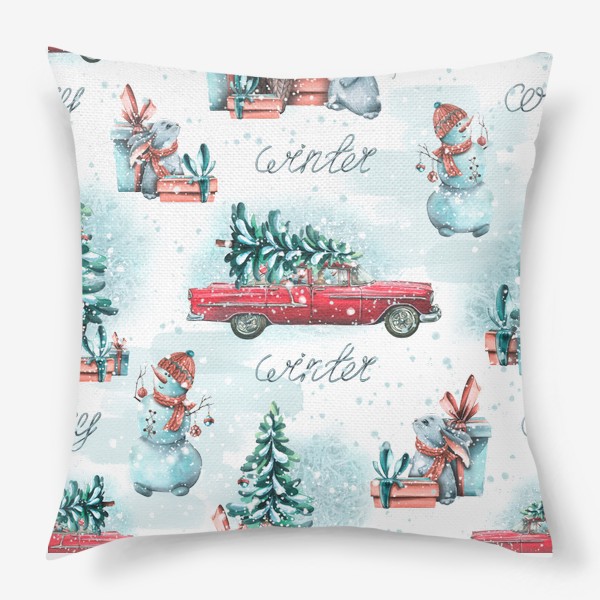 Подушка «Красная машинка с елкой. Зимний лес, снеговики, зайки, подарки. Новогодний паттерн акварельный. »
