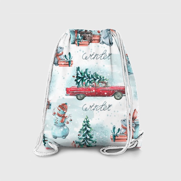 Рюкзак &laquo;Красная машинка с елкой. Зимний лес, снеговики, зайки, подарки. Новогодний паттерн акварельный. &raquo;
