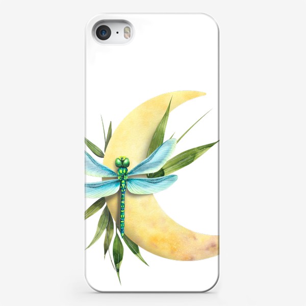Чехол iPhone «Месяц с листьями бамбука и стрекозой. Акварель.»