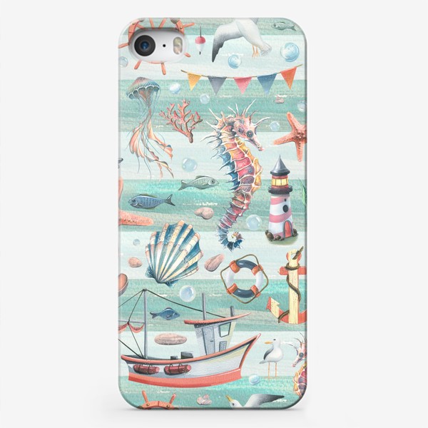 Чехол iPhone «Морские ракушки, кораблики, медузы, маяки. Акварель паттерн.»