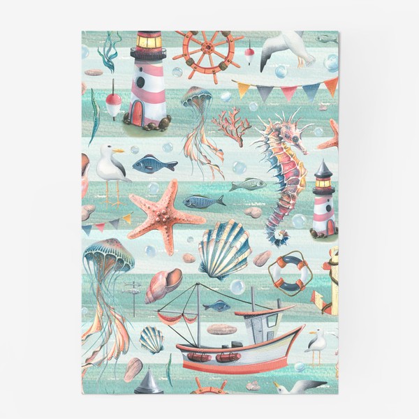Постер «Морские ракушки, кораблики, медузы, маяки. Акварель паттерн.»