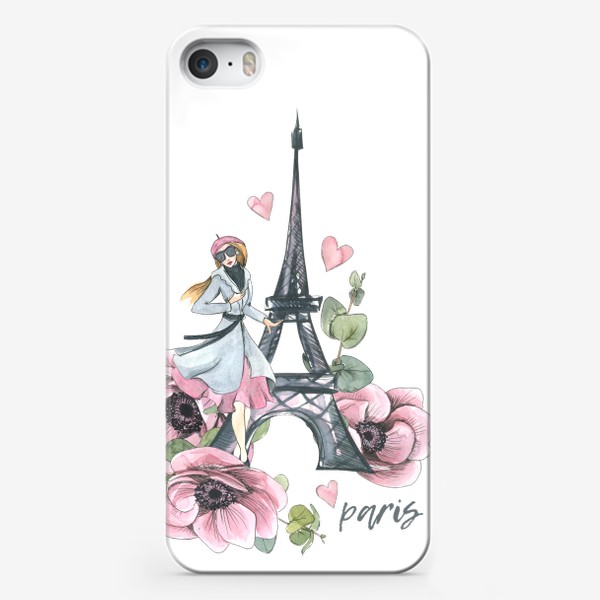 Чехол iPhone «Милая девушка парижанка с Эйфелевой башней и цветами. Париж. Акварель.»
