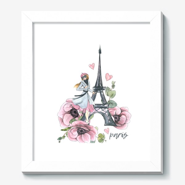 Картина «Милая девушка парижанка с Эйфелевой башней и цветами. Париж. Акварель.»