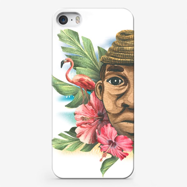 Чехол iPhone «Тропический принт с фламинго и мужчиной кубинцем. Акварель.»