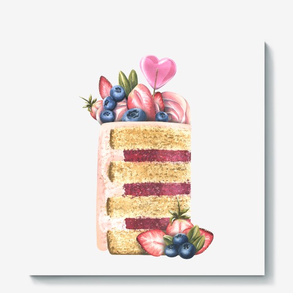 Холст &laquo;Кусочек торта с ягодами и конфетами. Акварель.&raquo;