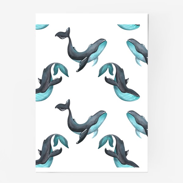 Постер «Черно-синие киты. Акварельный паттерн.»