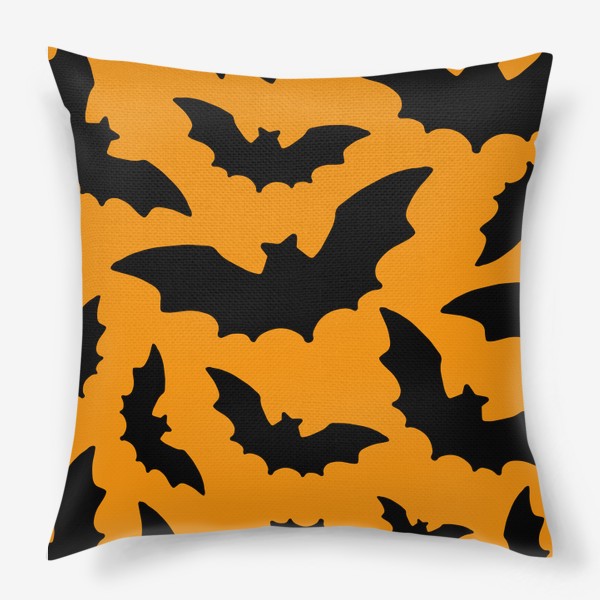 Подушка «паттерн из летучих мышей, черные силуэты на оранжевом для хэллоуина»