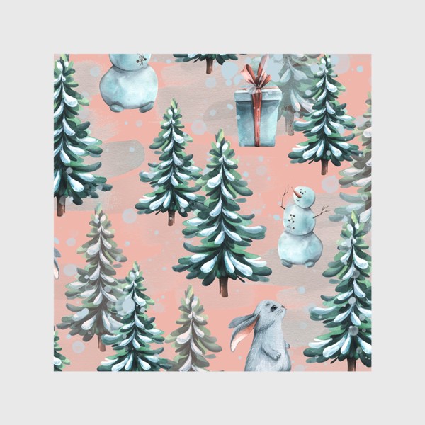 Шторы &laquo;Зимний лес со снеговиками, кроликами и подарками. Акварельный паттерн.&raquo;