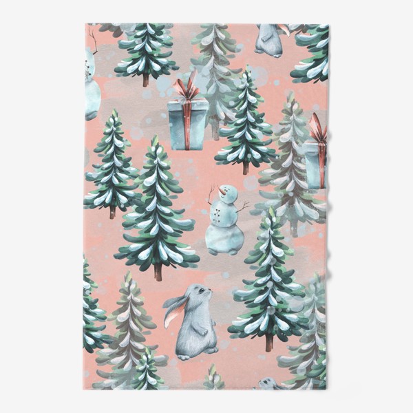Полотенце «Зимний лес со снеговиками, кроликами и подарками. Акварельный паттерн.»