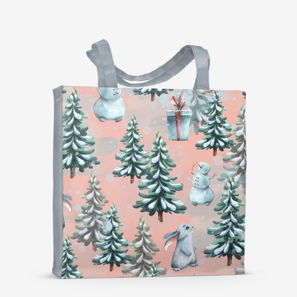 Сумка-шоппер &laquo;Зимний лес со снеговиками, кроликами и подарками. Акварельный паттерн.&raquo;
